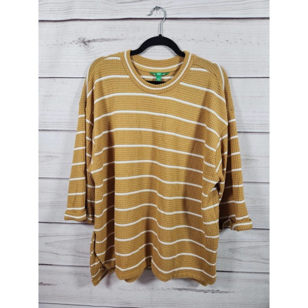 Dip Womens Top Oversized Striped Waffle Knit Short Sleeve Round Neck Mustard L